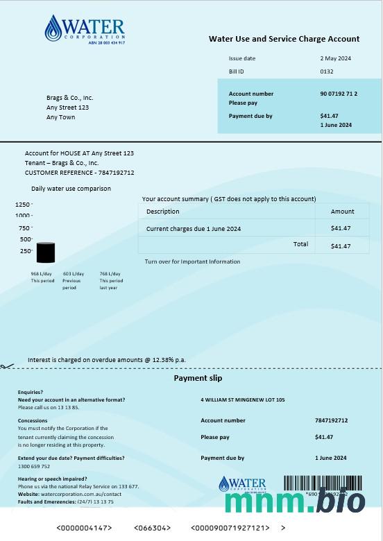 Australia Water Corporation WA rachunek za usługi komunalne słowo i pdf. doc